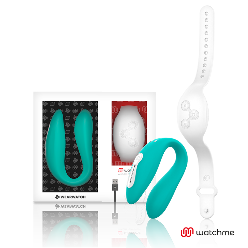 WEARWATCH WatchMe vibrador en U blanco con versión turquesa y caja del producto.