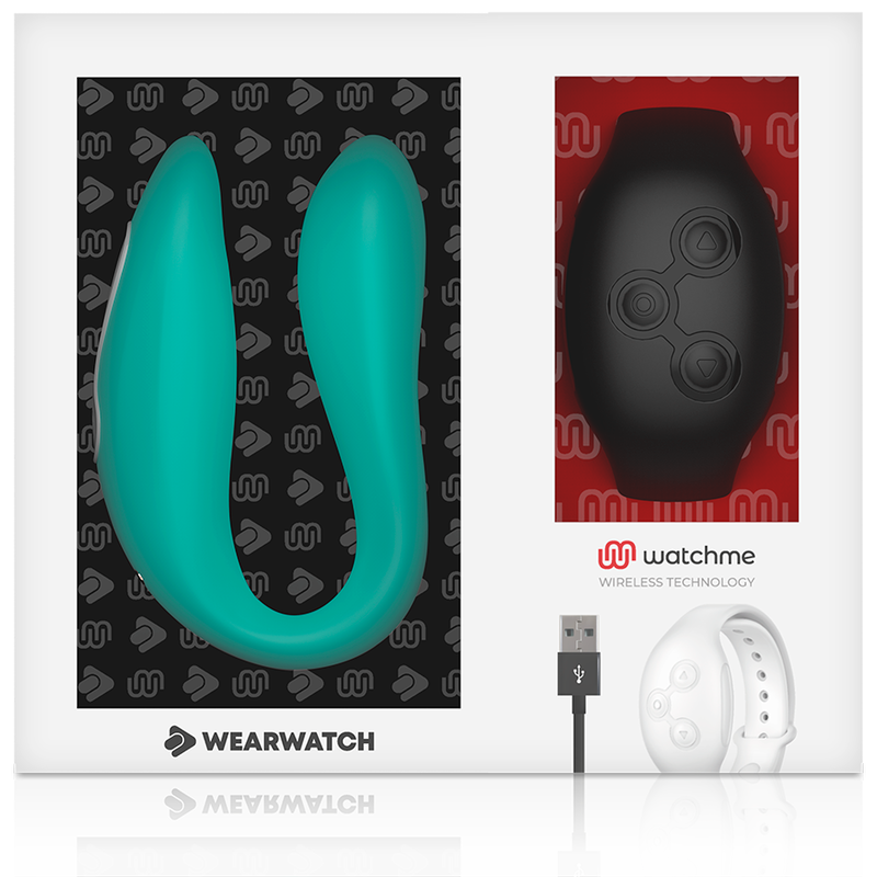 Caja del producto Wearwatch WatchMe con ilustración del vibrador en aguamarina y el mando negro.