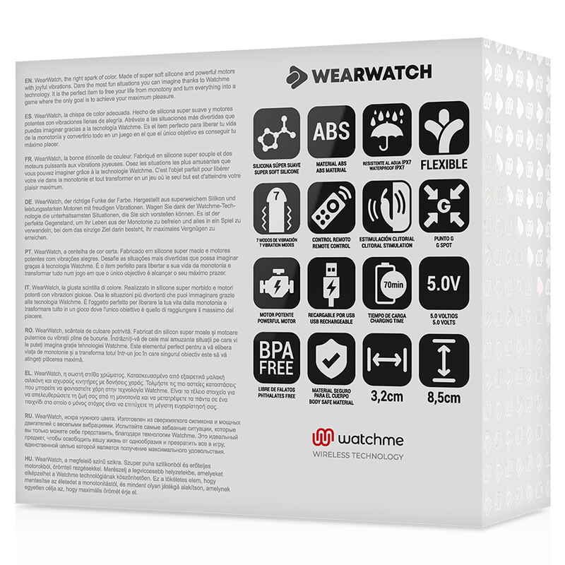 Caja del producto WEARWATCH WatchMe en blanco con gráficos negros y texto multilingüe.
