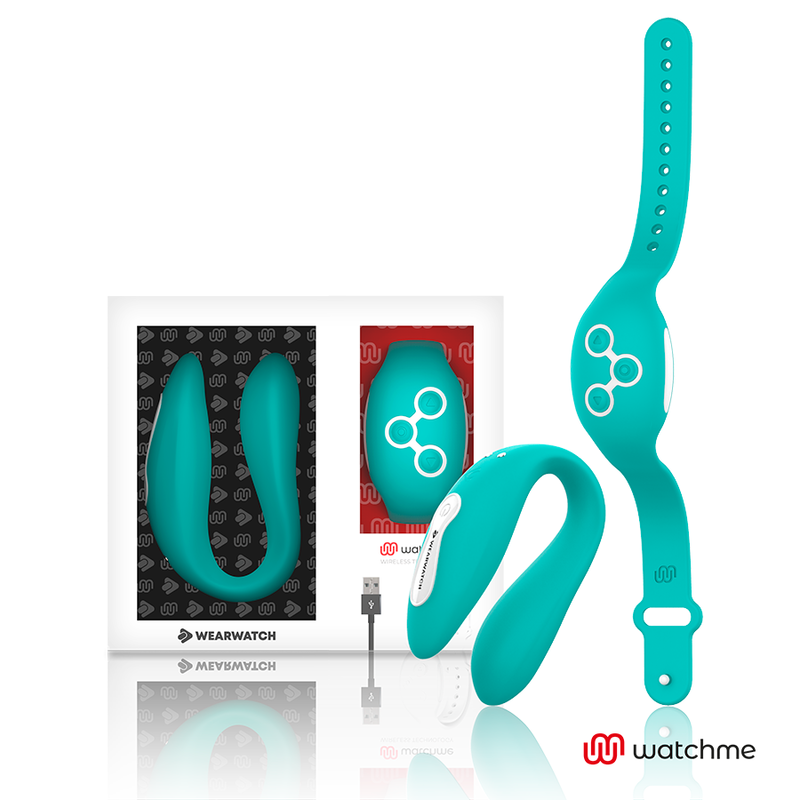 Vibrador en U Wearwatch Dual verde claro con caja del producto y cable USB.