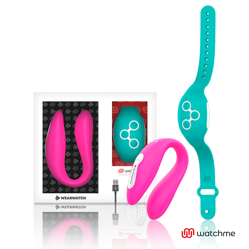 WEARWATCH WatchMe vibrador para parejas en rosa y aguamarina junto a su caja y cable USB.