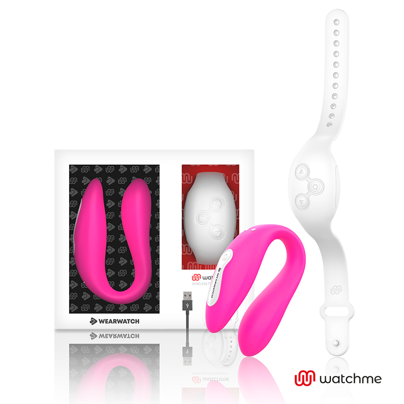 Wearwatch vibrador dual Technology Watchme en fucsia y blanco, con caja del producto y cable USB.