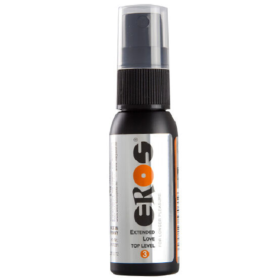 Spray retardante Eros Classic Line negro, vista frontal con tapón transparente.