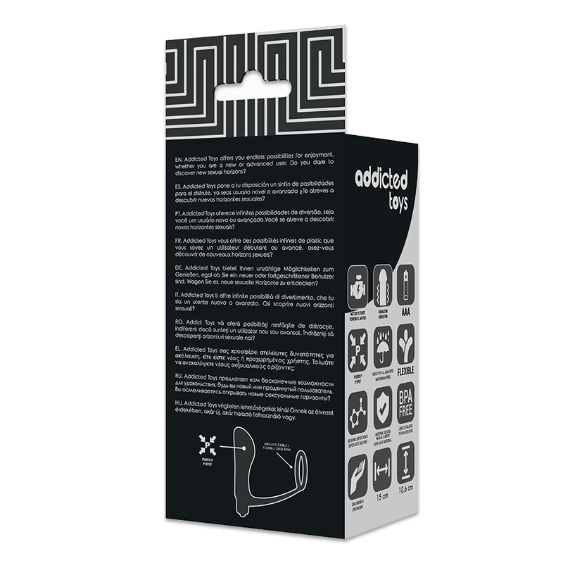 Caja del producto Addicted Toys en negro y blanco, vista lateral y trasera.