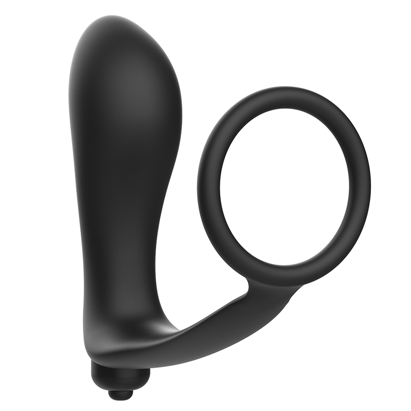 Tapón anal negro Addicted Toys con anilla para pene, vista frontal.