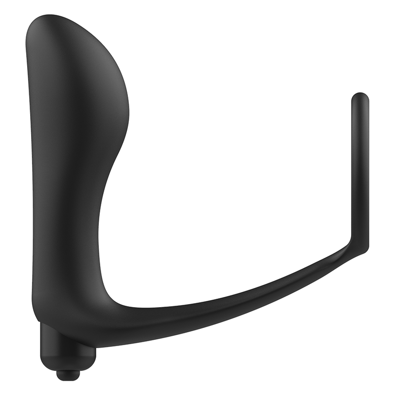 Addicted Toys tapón anal vibrador con anilla para pene, vista lateral en negro.