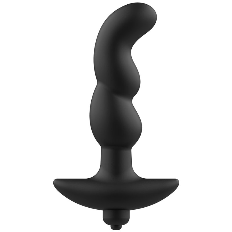 Masajeador anal negro ADDICTED TOYS con diseño curvado y base ensanchada.