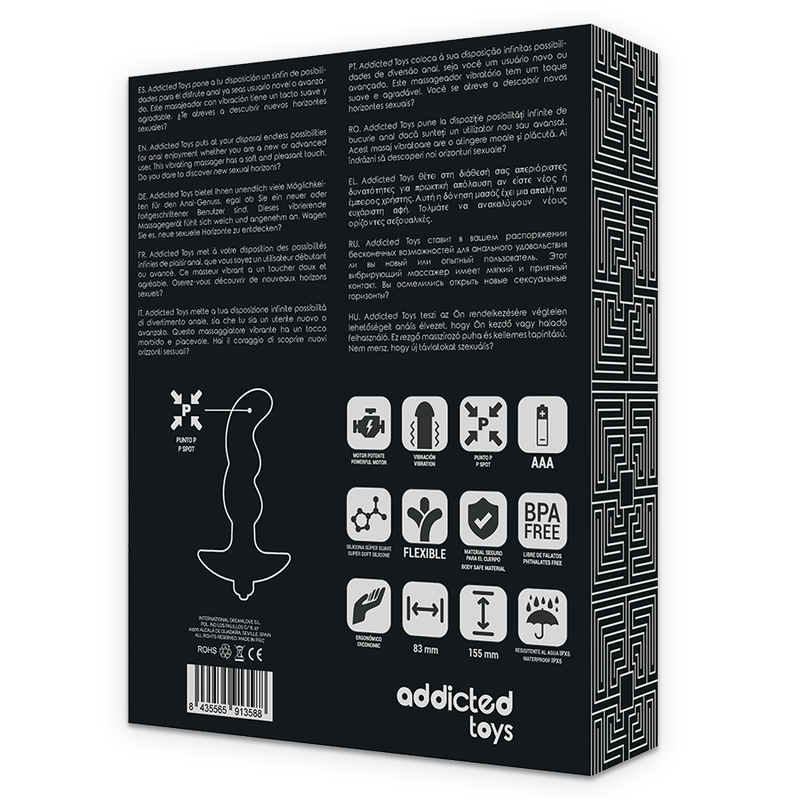 Caja del producto ADDICTED TOYS negra, con vista trasera y lateral