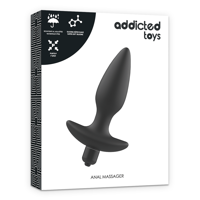 Caja del producto Addicted Toys con masajeador anal negro en el frontal