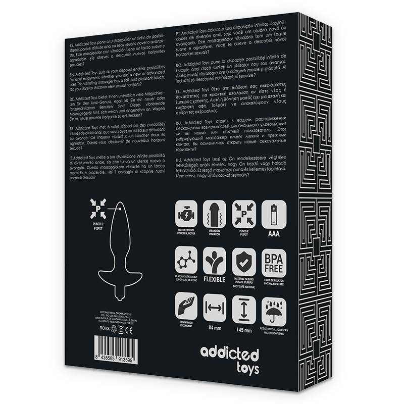 Caja del producto ADDICTED TOYS negra, con texto e iconos en la parte trasera.