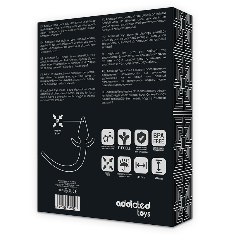 Caja del producto Addicted Toys Puppy Tail Plug anal de silicona, vista trasera en negro.