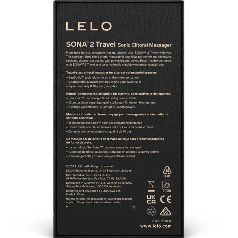 Caja del producto LELO SONA 2 Travel en negro, vista frontal con texto multilingüe.