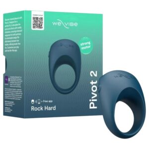 Anillo vibrador We-Vibe Pivot 2 azul junto a la caja del producto.
