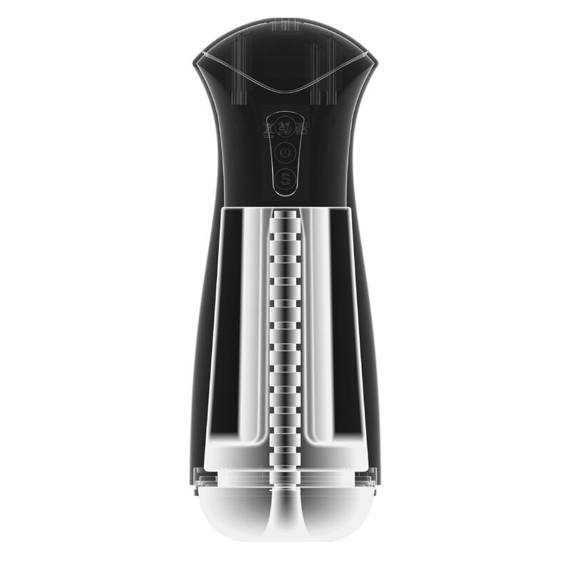 PDX ELITE Fap-Gasm Clear en vista frontal, con cuerpo negro y sección transparente inferior.