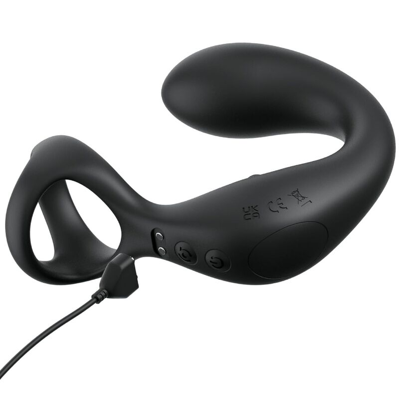 PDX ELITE Fap-Gasm Clear en detalle, dispositivo negro curvo con asa y cable de carga.