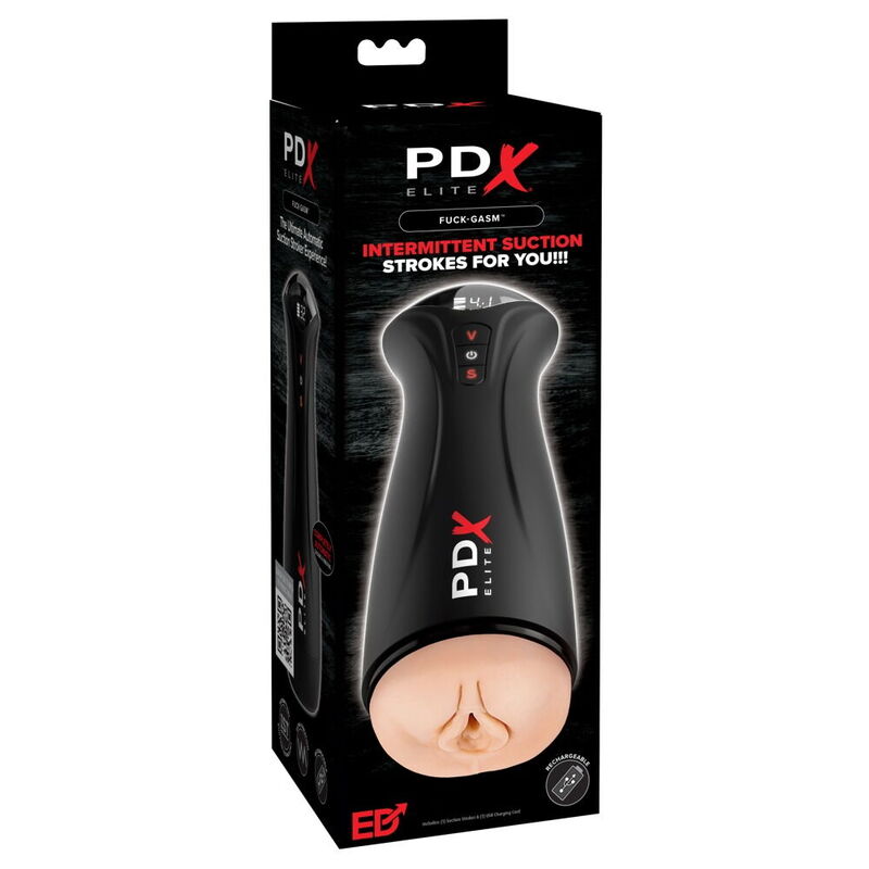 Caja negra PDX ELITE con imagen frontal del masturbador y abertura color piel