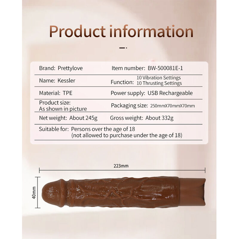 PRETTY LOVE - KESSLER DILDO VIBRADOR REALISTA 10 MODOS DE VIBRACIÓN Y 10 DE EMPUJE 22 CM MARRÓN - Imagen 14